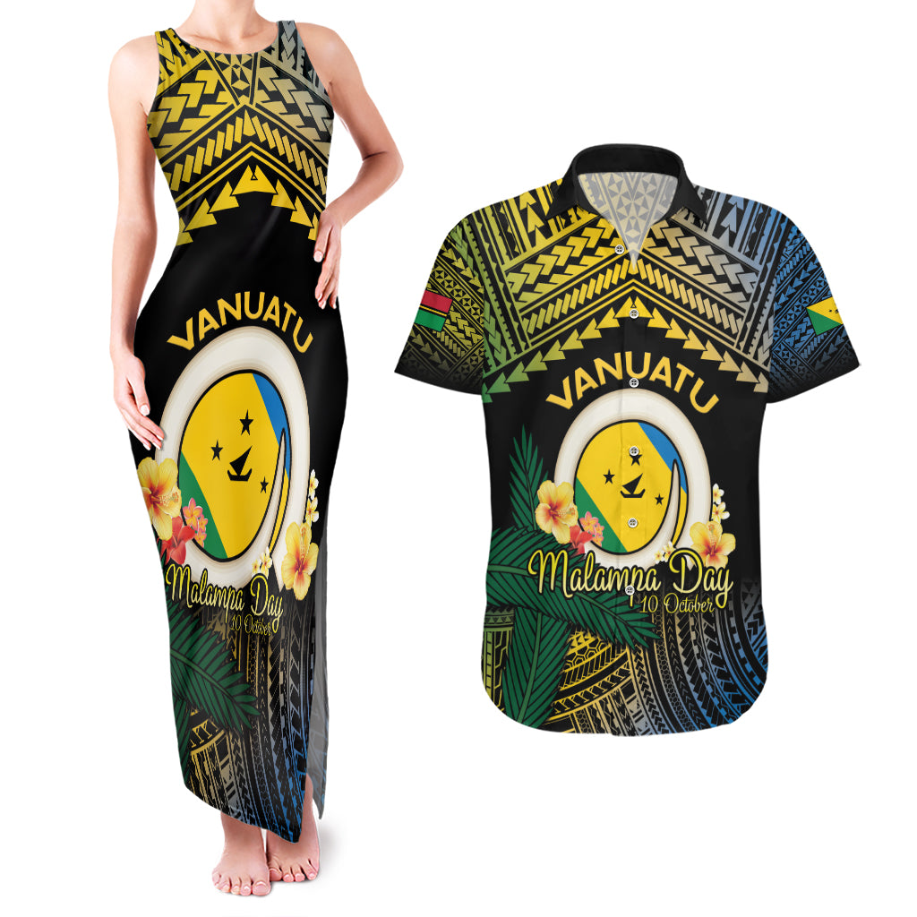 Personalised Malampa Day Couples Matching Tank Maxi Dress and Hawaiian Shirt Vanuatu Provinces Polynesian Pattern LT14 Black - Polynesian Pride