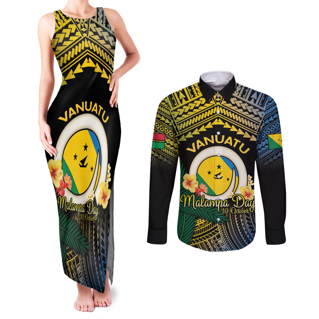 Personalised Malampa Day Couples Matching Tank Maxi Dress and Long Sleeve Button Shirt Vanuatu Provinces Polynesian Pattern