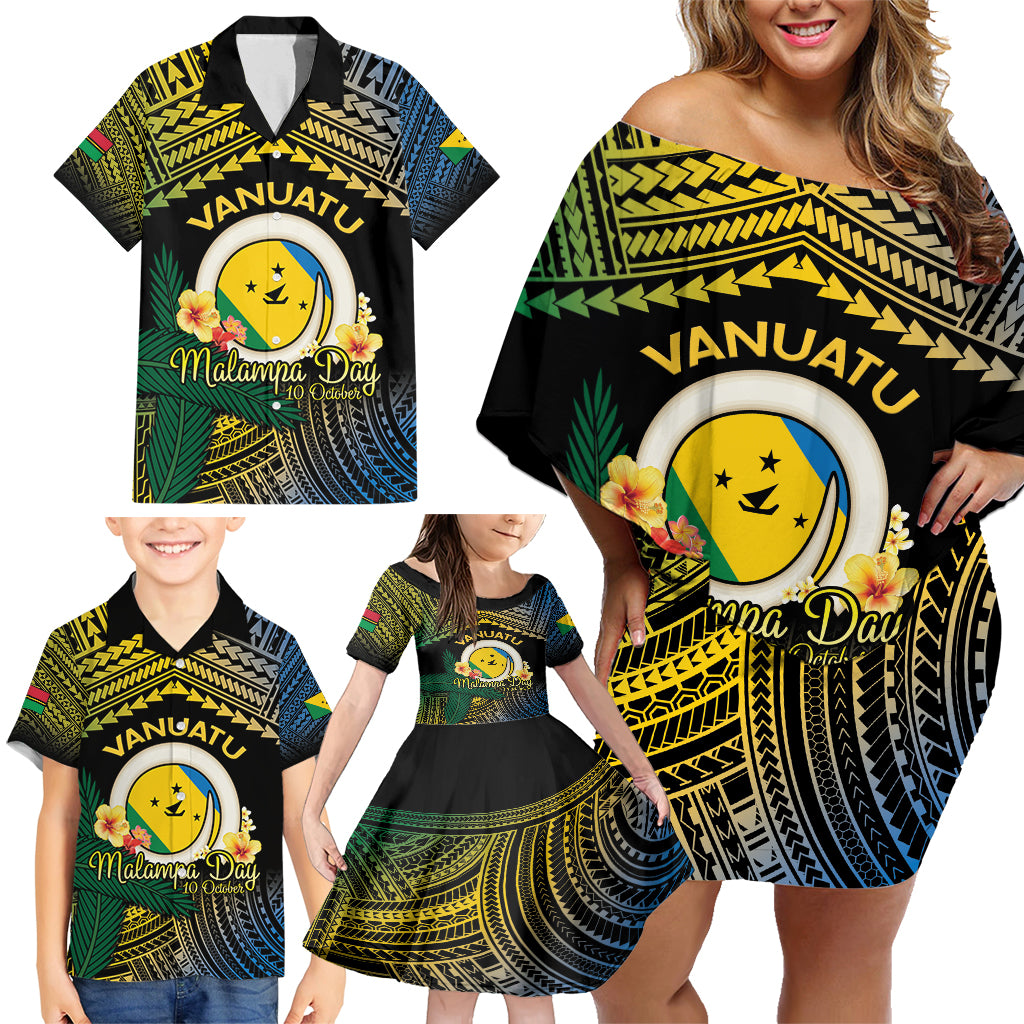 Personalised Malampa Day Family Matching Off Shoulder Short Dress and Hawaiian Shirt Vanuatu Provinces Polynesian Pattern