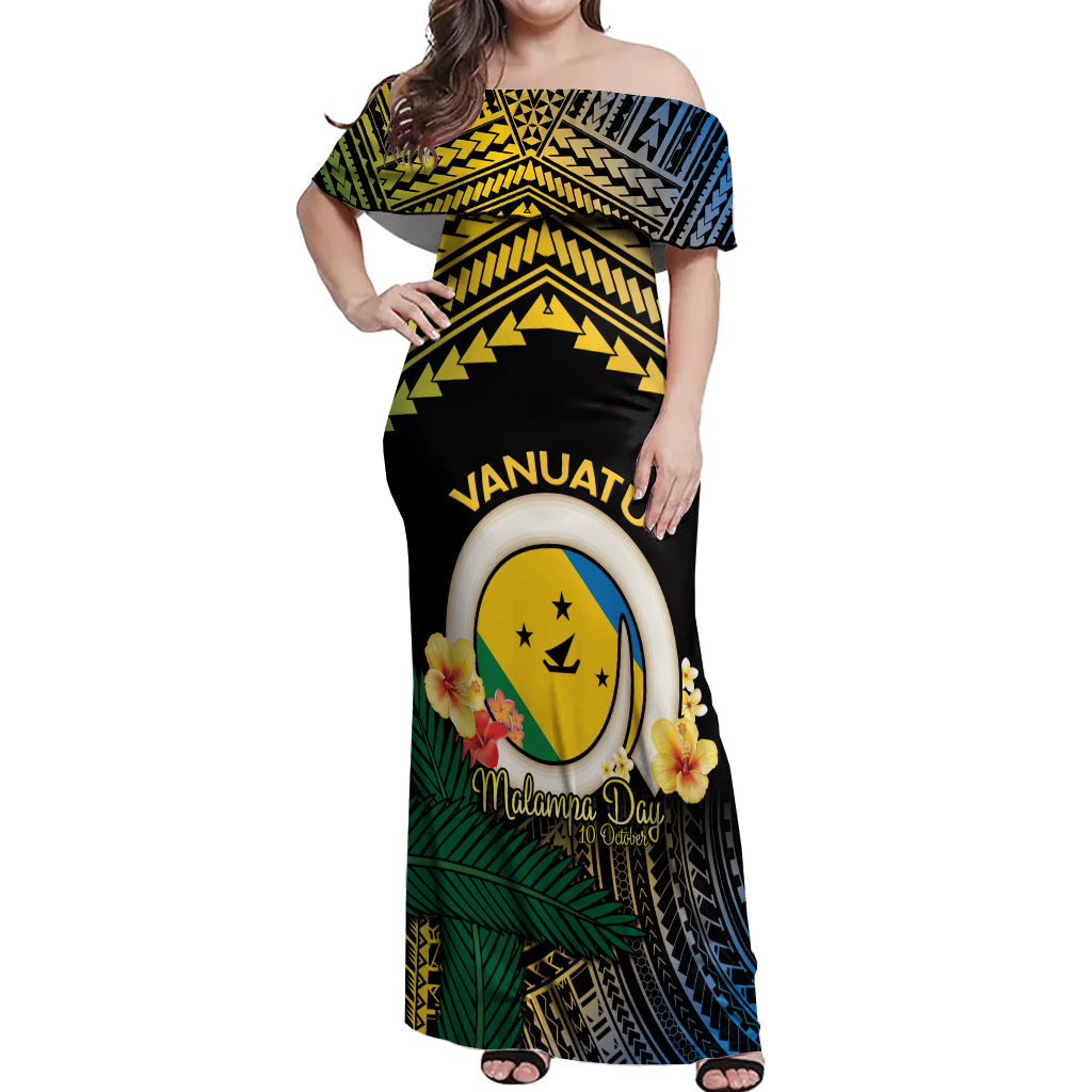 Personalised Malampa Day Off Shoulder Maxi Dress Vanuatu Provinces Polynesian Pattern LT14 Women Black - Polynesian Pride