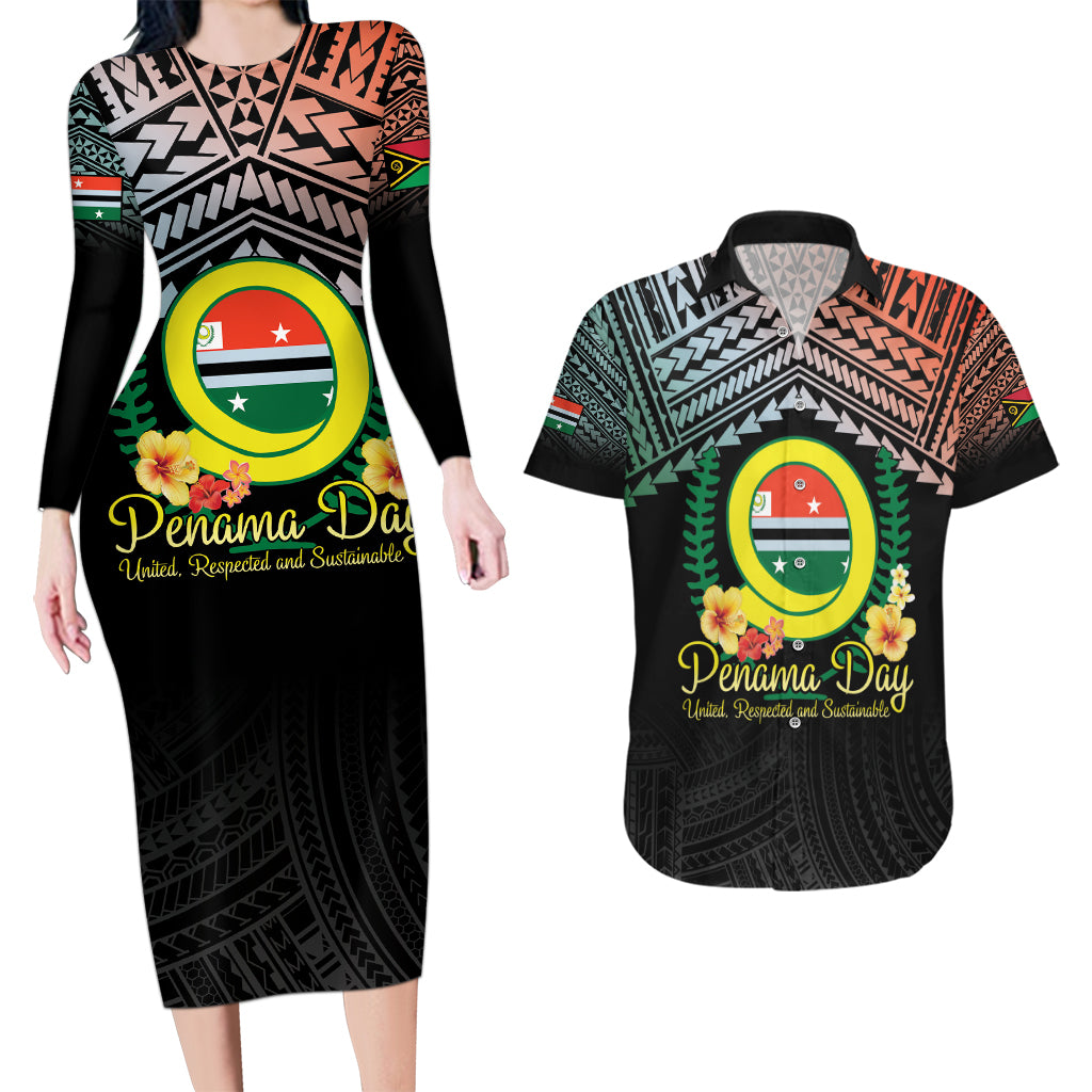 Personalised Penama Day Couples Matching Long Sleeve Bodycon Dress and Hawaiian Shirt Vanuatu Provinces Polynesian Pattern LT14 Black - Polynesian Pride