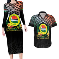 Personalised Penama Day Couples Matching Long Sleeve Bodycon Dress and Hawaiian Shirt Vanuatu Provinces Polynesian Pattern LT14 Black - Polynesian Pride