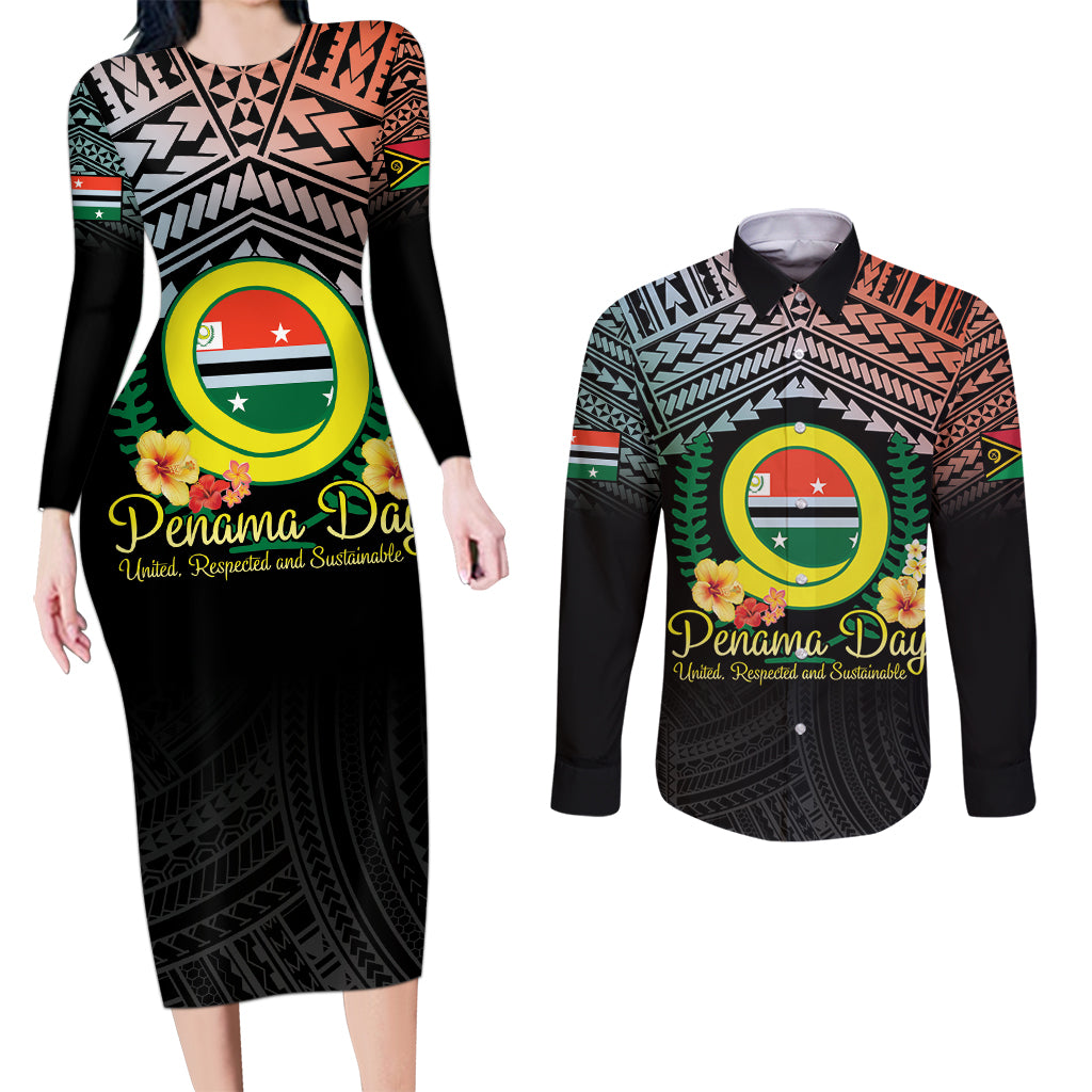 Personalised Penama Day Couples Matching Long Sleeve Bodycon Dress and Long Sleeve Button Shirt Vanuatu Provinces Polynesian Pattern