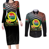 Personalised Penama Day Couples Matching Long Sleeve Bodycon Dress and Long Sleeve Button Shirt Vanuatu Provinces Polynesian Pattern LT14 Black - Polynesian Pride