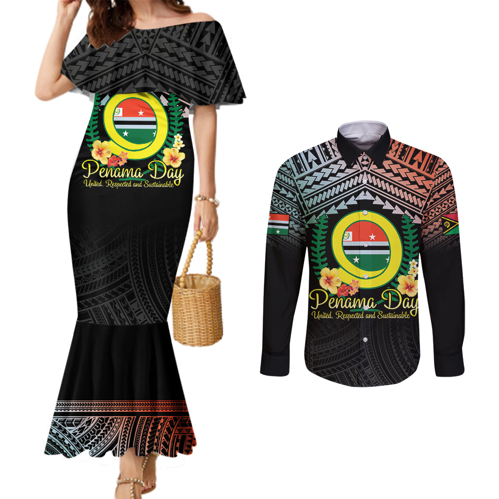 Personalised Penama Day Couples Matching Mermaid Dress and Long Sleeve Button Shirt Vanuatu Provinces Polynesian Pattern