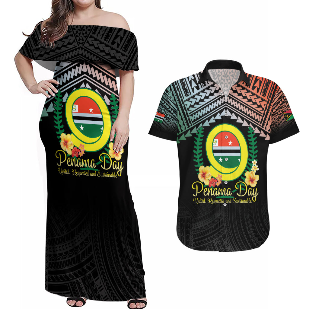 Personalised Penama Day Couples Matching Off Shoulder Maxi Dress and Hawaiian Shirt Vanuatu Provinces Polynesian Pattern