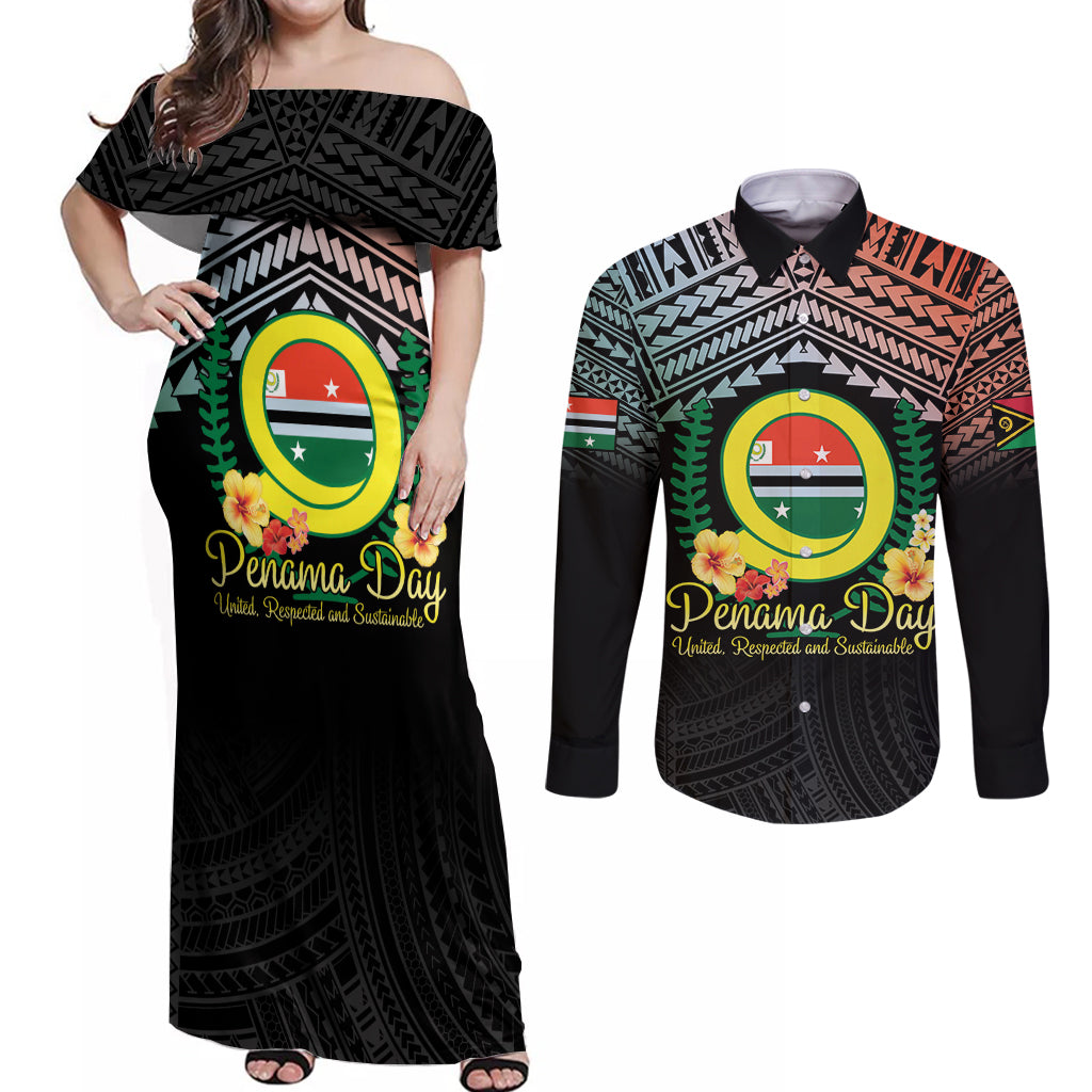 Personalised Penama Day Couples Matching Off Shoulder Maxi Dress and Long Sleeve Button Shirt Vanuatu Provinces Polynesian Pattern