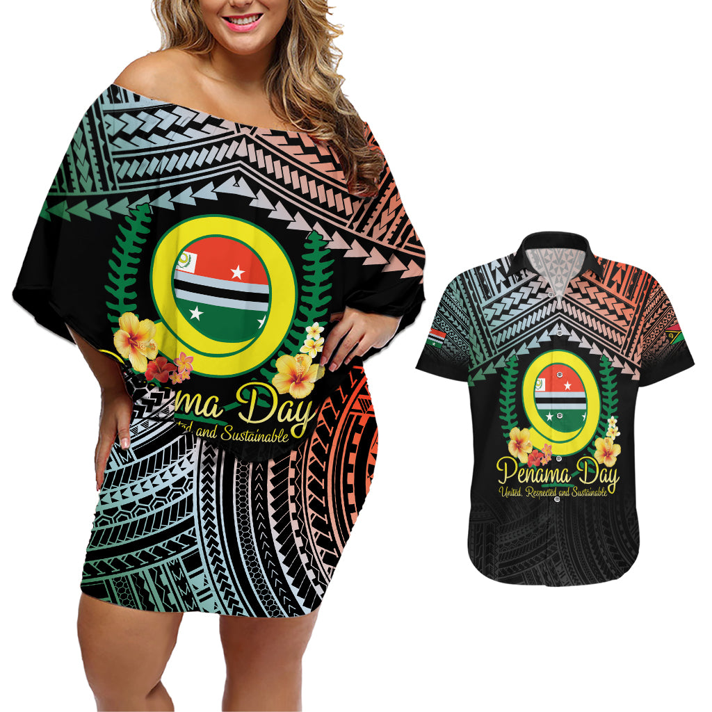 Personalised Penama Day Couples Matching Off Shoulder Short Dress and Hawaiian Shirt Vanuatu Provinces Polynesian Pattern LT14 Black - Polynesian Pride