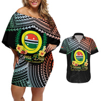 Personalised Penama Day Couples Matching Off Shoulder Short Dress and Hawaiian Shirt Vanuatu Provinces Polynesian Pattern LT14 Black - Polynesian Pride