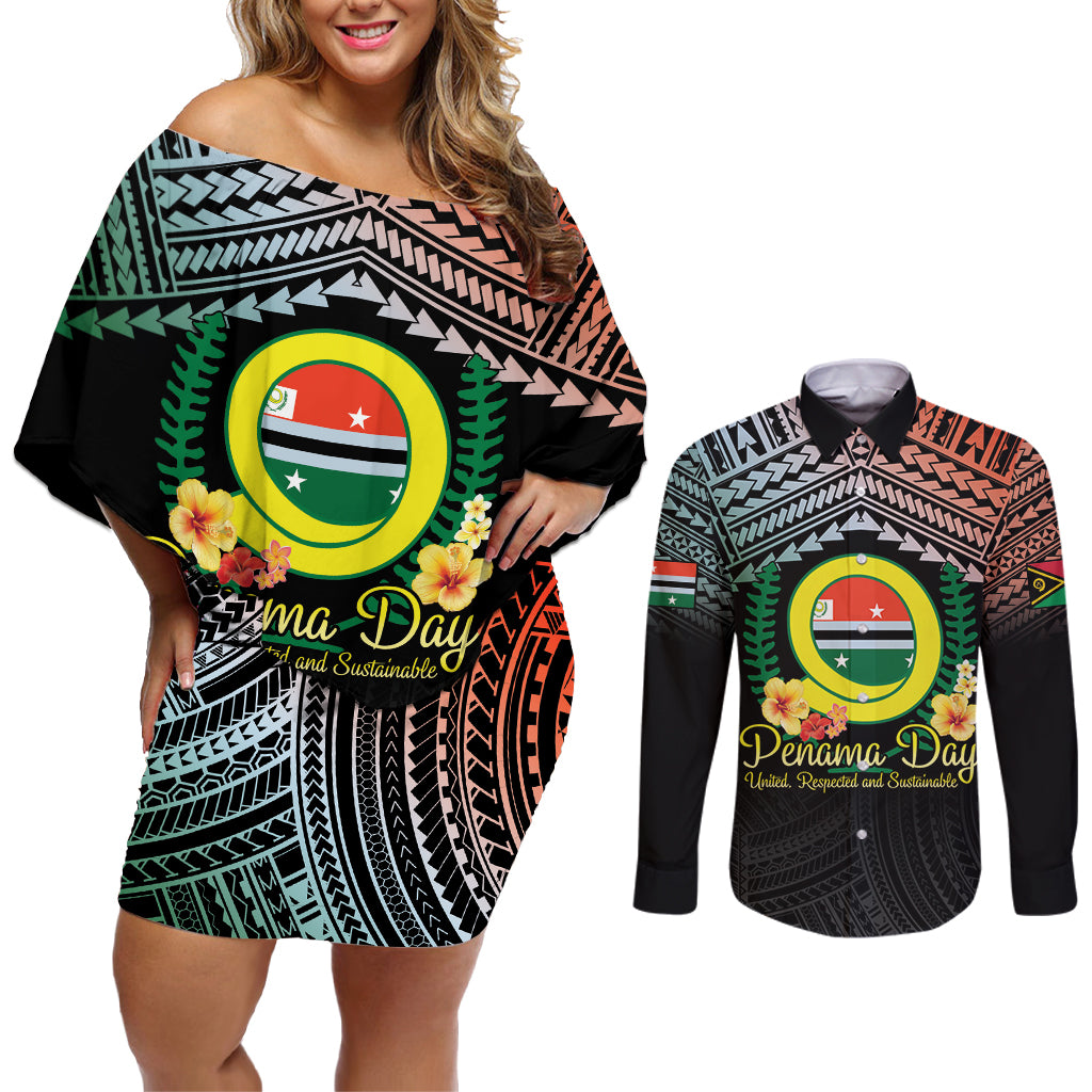 Personalised Penama Day Couples Matching Off Shoulder Short Dress and Long Sleeve Button Shirt Vanuatu Provinces Polynesian Pattern LT14 Black - Polynesian Pride