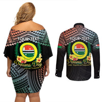 Personalised Penama Day Couples Matching Off Shoulder Short Dress and Long Sleeve Button Shirt Vanuatu Provinces Polynesian Pattern LT14 - Polynesian Pride