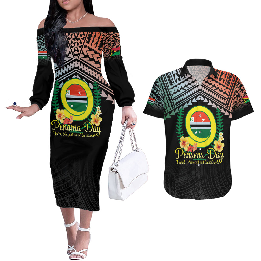 Personalised Penama Day Couples Matching Off The Shoulder Long Sleeve Dress and Hawaiian Shirt Vanuatu Provinces Polynesian Pattern LT14 Black - Polynesian Pride