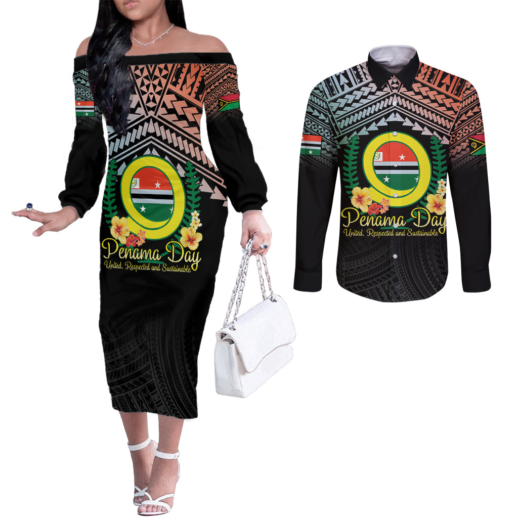 Personalised Penama Day Couples Matching Off The Shoulder Long Sleeve Dress and Long Sleeve Button Shirt Vanuatu Provinces Polynesian Pattern LT14 Black - Polynesian Pride