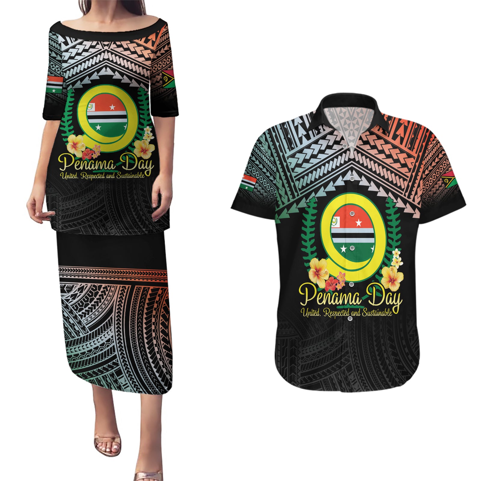 Personalised Penama Day Couples Matching Puletasi and Hawaiian Shirt Vanuatu Provinces Polynesian Pattern LT14 Black - Polynesian Pride