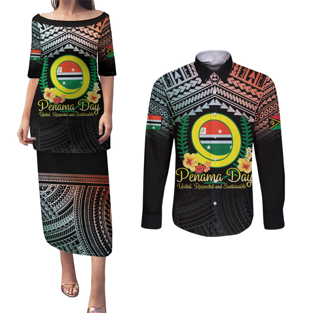 Personalised Penama Day Couples Matching Puletasi and Long Sleeve Button Shirt Vanuatu Provinces Polynesian Pattern LT14 Black - Polynesian Pride