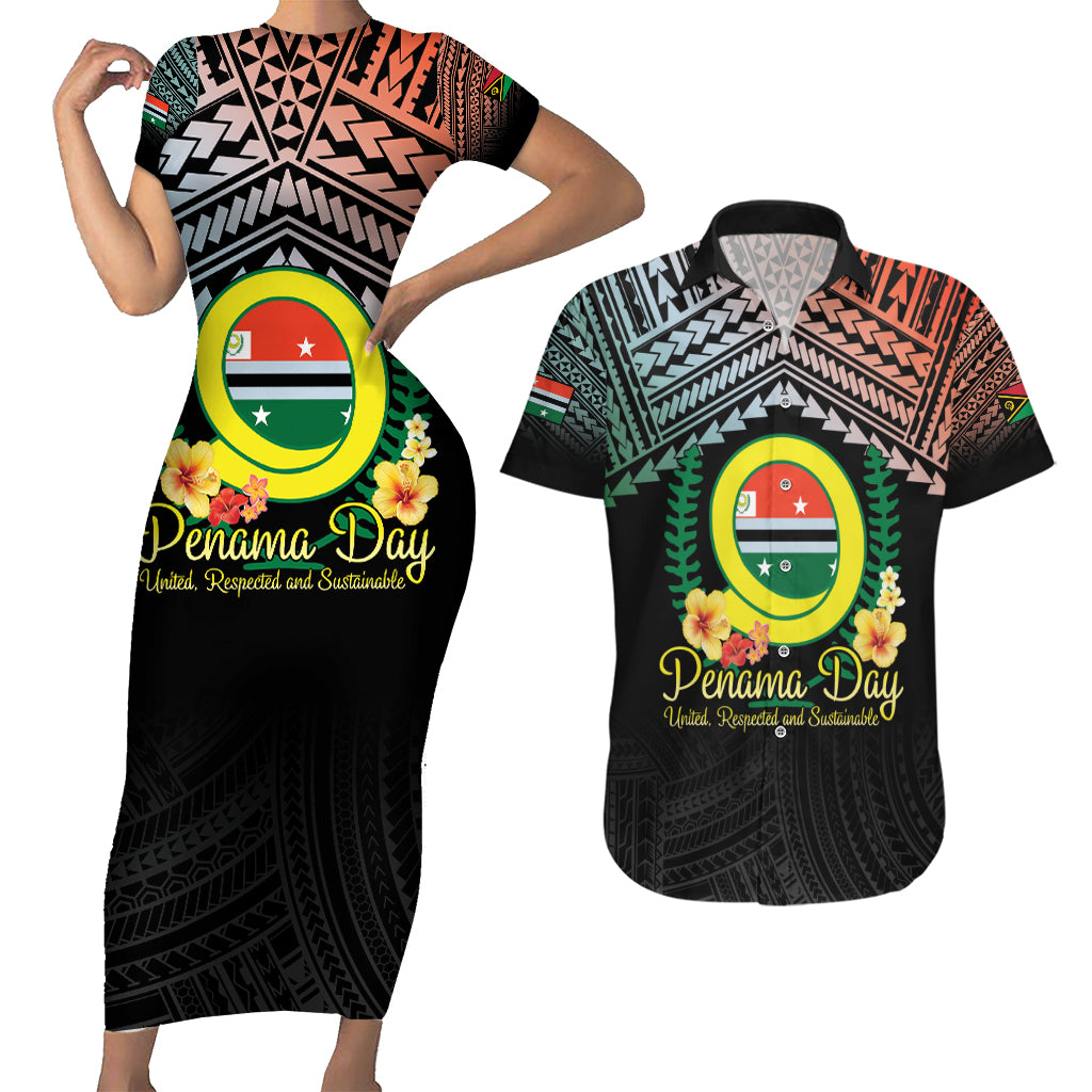 Personalised Penama Day Couples Matching Short Sleeve Bodycon Dress and Hawaiian Shirt Vanuatu Provinces Polynesian Pattern LT14 Black - Polynesian Pride