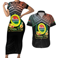 Personalised Penama Day Couples Matching Short Sleeve Bodycon Dress and Hawaiian Shirt Vanuatu Provinces Polynesian Pattern LT14 Black - Polynesian Pride