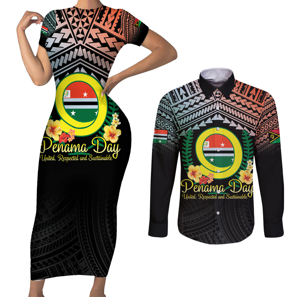 Personalised Penama Day Couples Matching Short Sleeve Bodycon Dress and Long Sleeve Button Shirt Vanuatu Provinces Polynesian Pattern LT14 Black - Polynesian Pride