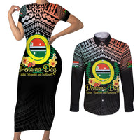 Personalised Penama Day Couples Matching Short Sleeve Bodycon Dress and Long Sleeve Button Shirt Vanuatu Provinces Polynesian Pattern LT14 Black - Polynesian Pride