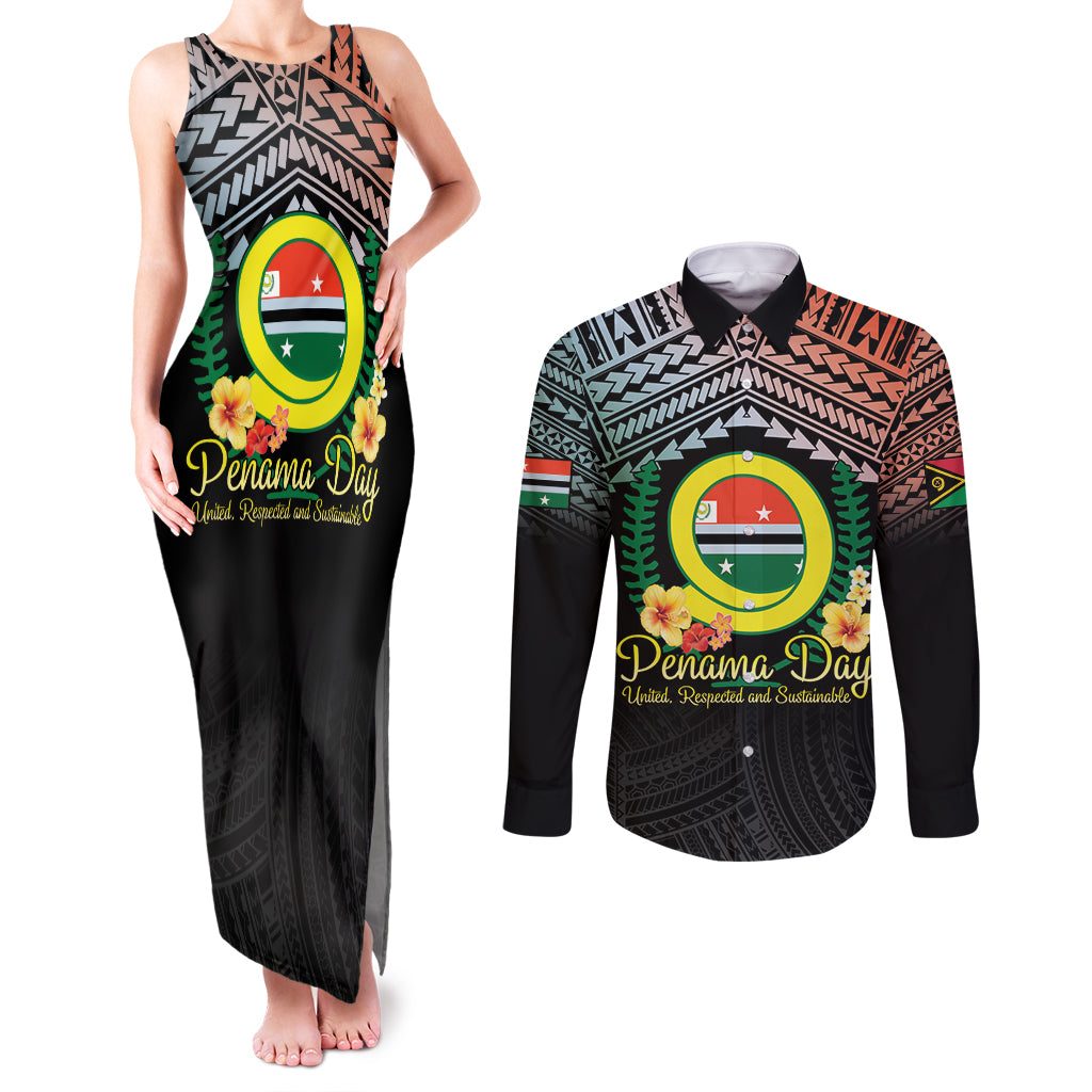 Personalised Penama Day Couples Matching Tank Maxi Dress and Long Sleeve Button Shirt Vanuatu Provinces Polynesian Pattern LT14 Black - Polynesian Pride