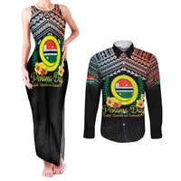 Personalised Penama Day Couples Matching Tank Maxi Dress and Long Sleeve Button Shirt Vanuatu Provinces Polynesian Pattern LT14 Black - Polynesian Pride