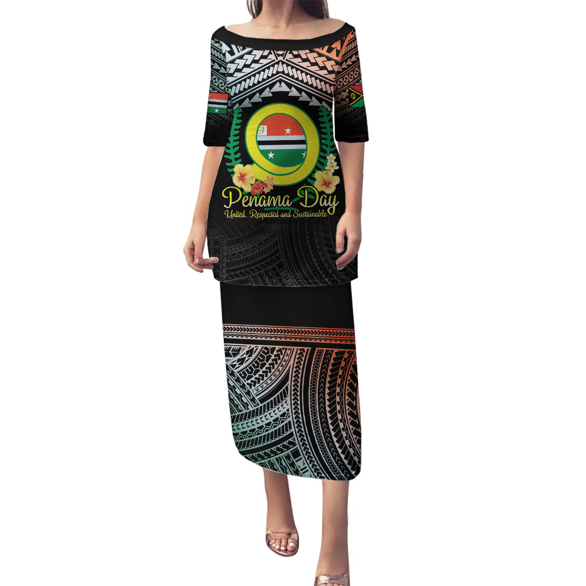 Personalised Penama Day Family Matching Puletasi and Hawaiian Shirt Vanuatu Provinces Polynesian Pattern LT14 Mom's Dress Black - Polynesian Pride