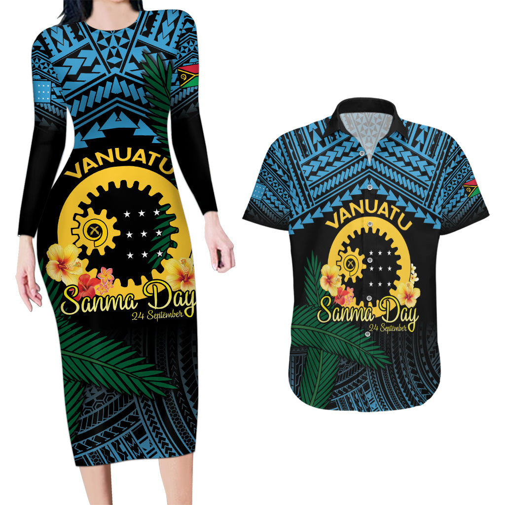 Personalised Sanma Day Couples Matching Long Sleeve Bodycon Dress and Hawaiian Shirt Vanuatu Provinces Polynesian Pattern LT14 Black - Polynesian Pride