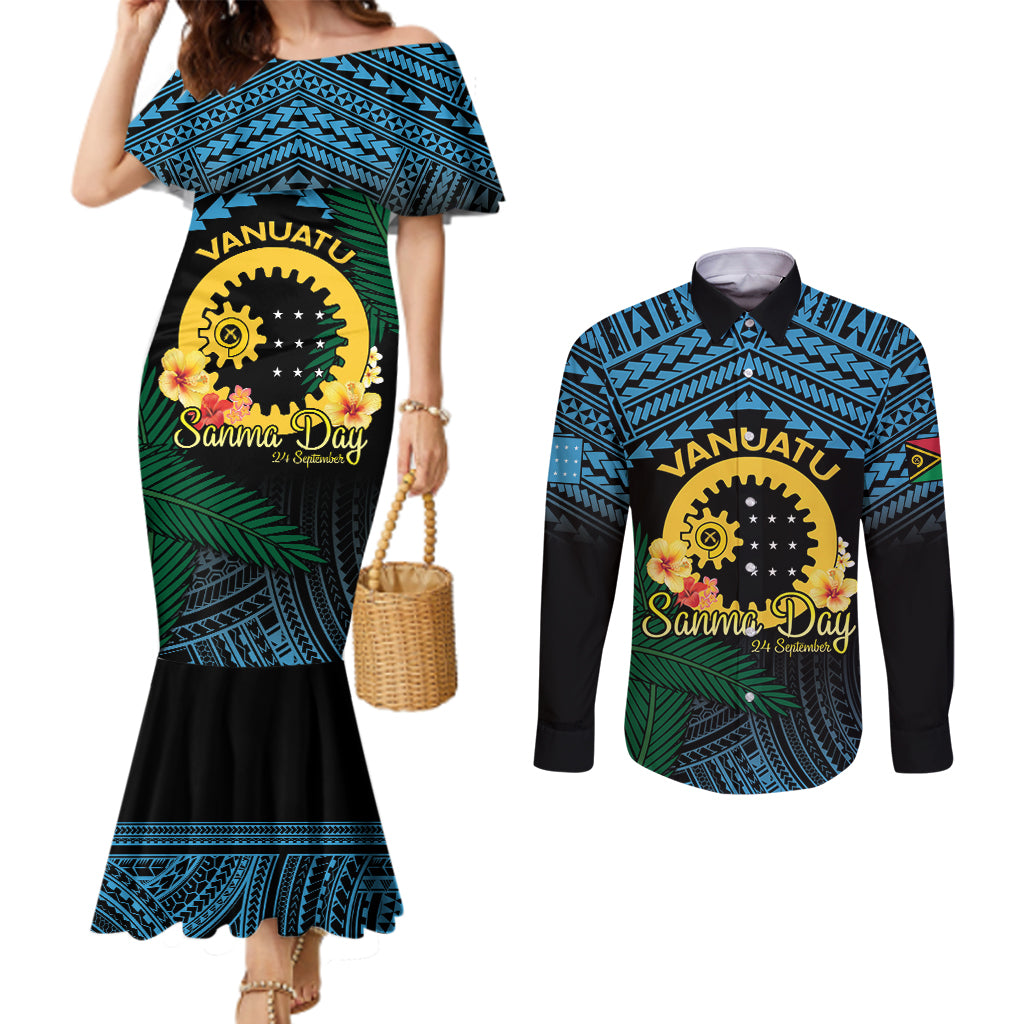 Personalised Sanma Day Couples Matching Mermaid Dress and Long Sleeve Button Shirt Vanuatu Provinces Polynesian Pattern LT14 Black - Polynesian Pride