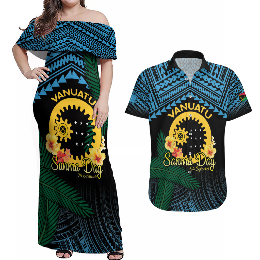 Personalised Sanma Day Couples Matching Off Shoulder Maxi Dress and Hawaiian Shirt Vanuatu Provinces Polynesian Pattern