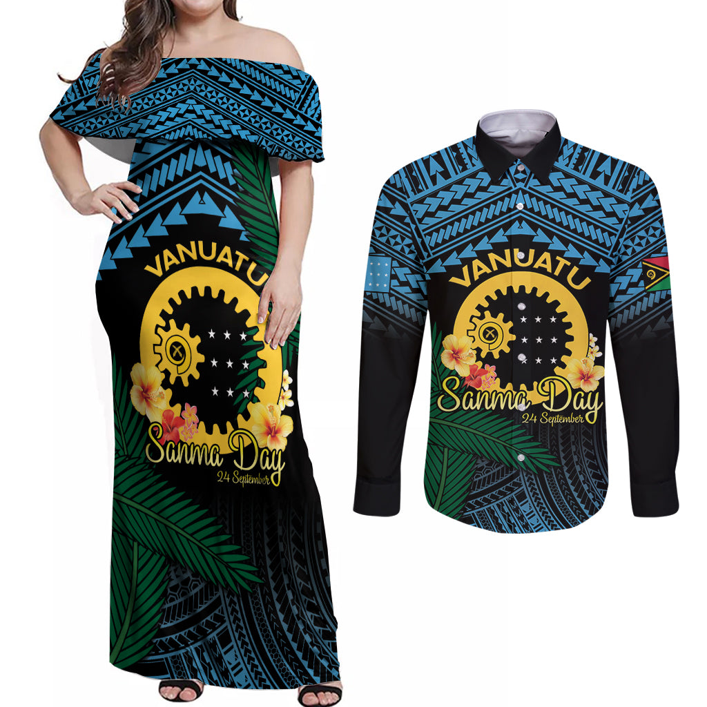 Personalised Sanma Day Couples Matching Off Shoulder Maxi Dress and Long Sleeve Button Shirt Vanuatu Provinces Polynesian Pattern LT14 Black - Polynesian Pride