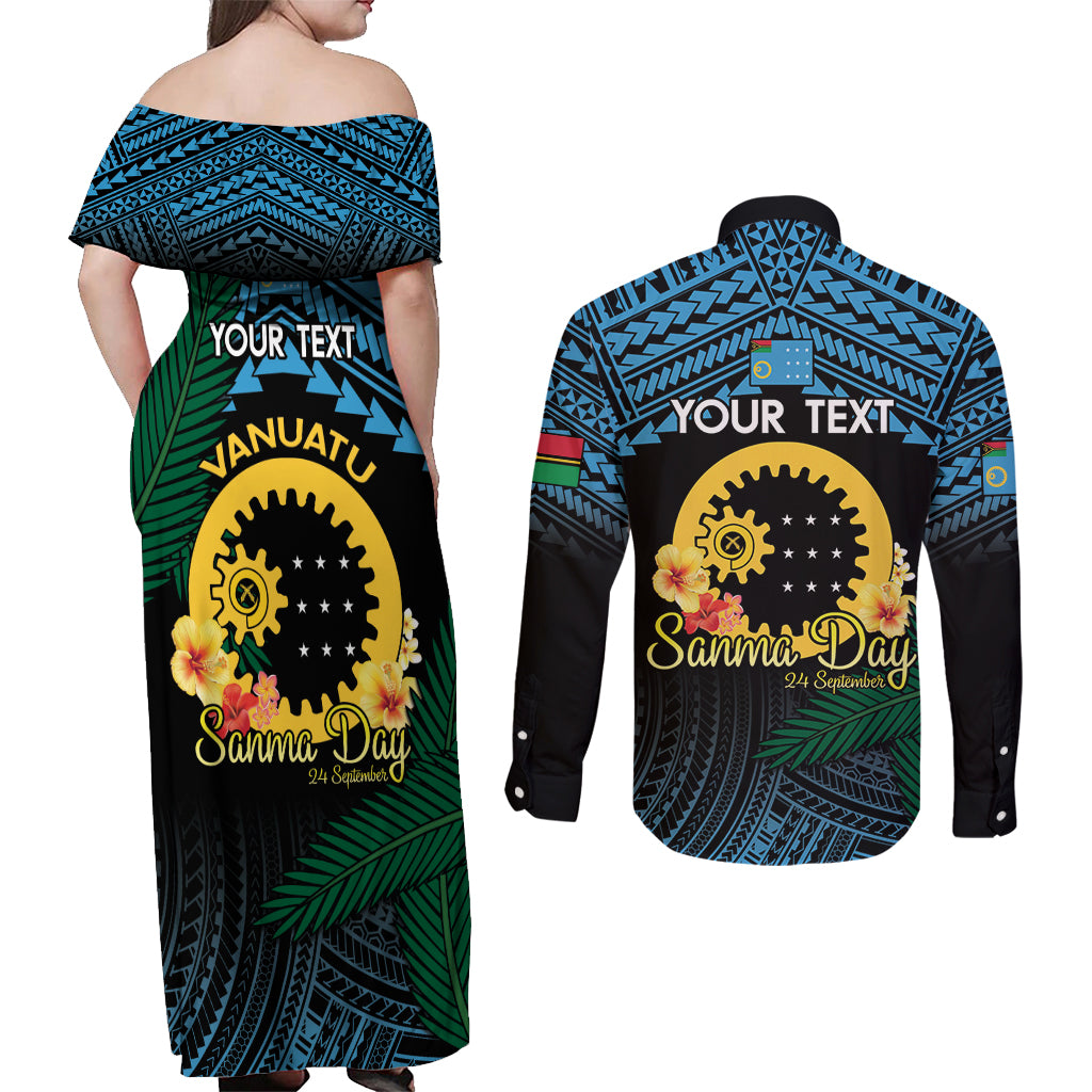 Personalised Sanma Day Couples Matching Off Shoulder Maxi Dress and Long Sleeve Button Shirt Vanuatu Provinces Polynesian Pattern LT14 - Polynesian Pride