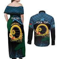 Personalised Sanma Day Couples Matching Off Shoulder Maxi Dress and Long Sleeve Button Shirt Vanuatu Provinces Polynesian Pattern LT14 - Polynesian Pride