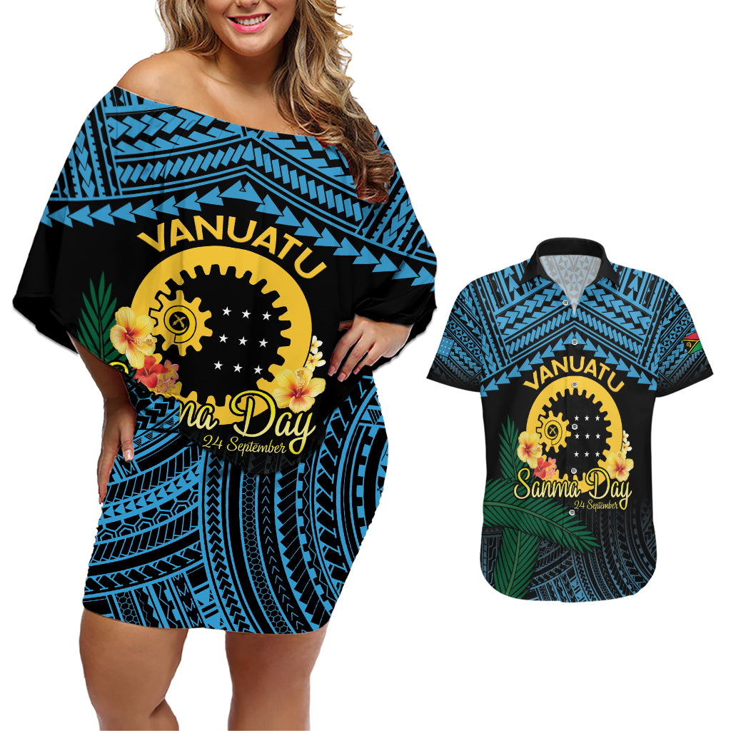Personalised Sanma Day Couples Matching Off Shoulder Short Dress and Hawaiian Shirt Vanuatu Provinces Polynesian Pattern LT14 Black - Polynesian Pride