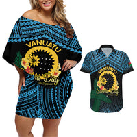 Personalised Sanma Day Couples Matching Off Shoulder Short Dress and Hawaiian Shirt Vanuatu Provinces Polynesian Pattern LT14 Black - Polynesian Pride