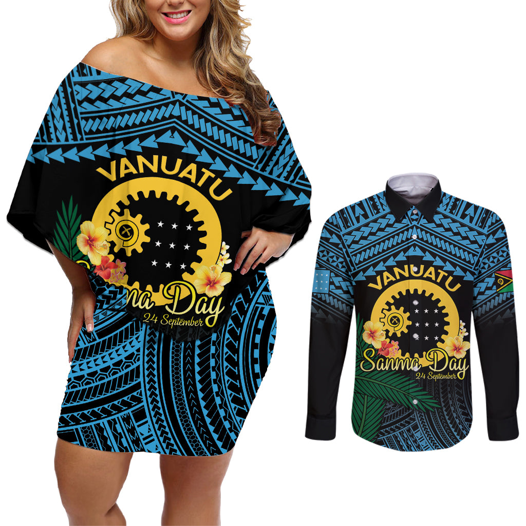 Personalised Sanma Day Couples Matching Off Shoulder Short Dress and Long Sleeve Button Shirt Vanuatu Provinces Polynesian Pattern LT14 Black - Polynesian Pride