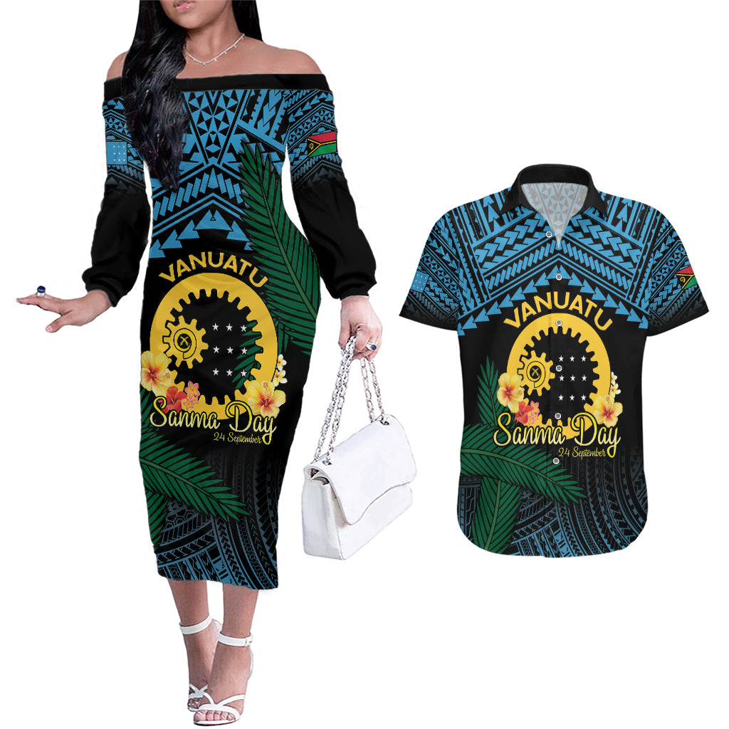 Personalised Sanma Day Couples Matching Off The Shoulder Long Sleeve Dress and Hawaiian Shirt Vanuatu Provinces Polynesian Pattern LT14 Black - Polynesian Pride