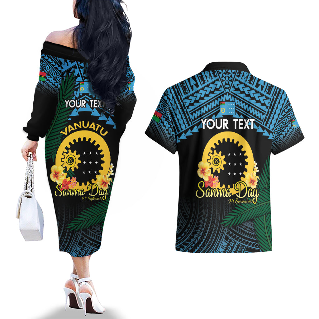 Personalised Sanma Day Couples Matching Off The Shoulder Long Sleeve Dress and Hawaiian Shirt Vanuatu Provinces Polynesian Pattern LT14 - Polynesian Pride