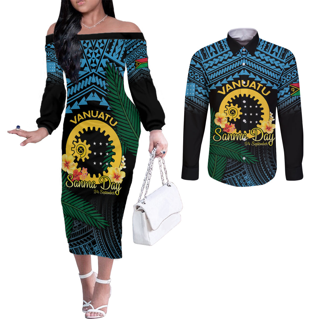 Personalised Sanma Day Couples Matching Off The Shoulder Long Sleeve Dress and Long Sleeve Button Shirt Vanuatu Provinces Polynesian Pattern LT14 Black - Polynesian Pride
