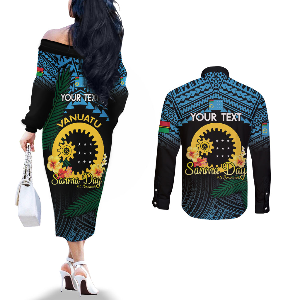 Personalised Sanma Day Couples Matching Off The Shoulder Long Sleeve Dress and Long Sleeve Button Shirt Vanuatu Provinces Polynesian Pattern LT14 - Polynesian Pride
