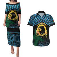Personalised Sanma Day Couples Matching Puletasi and Hawaiian Shirt Vanuatu Provinces Polynesian Pattern LT14 Black - Polynesian Pride