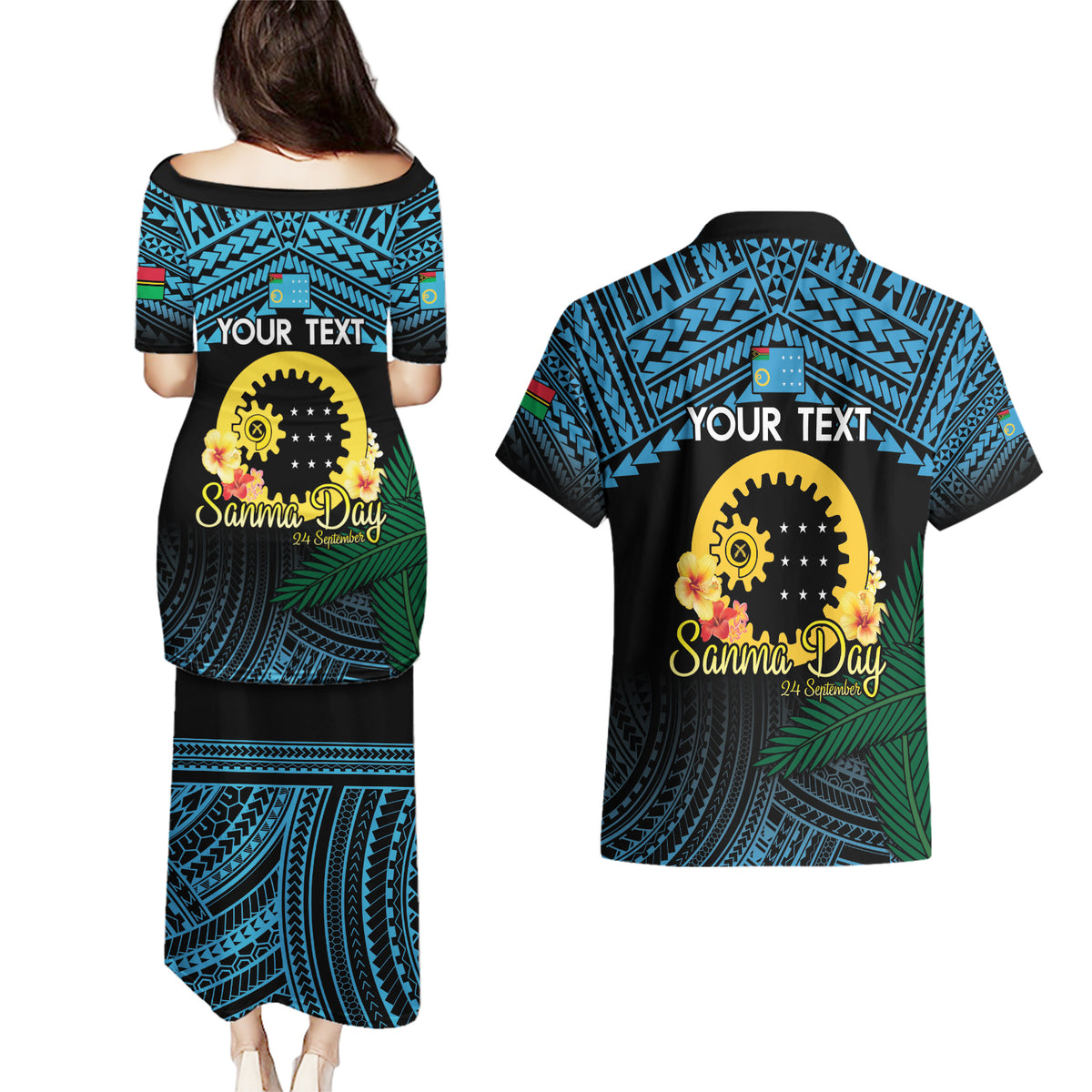 Personalised Sanma Day Couples Matching Puletasi and Hawaiian Shirt Vanuatu Provinces Polynesian Pattern LT14 - Polynesian Pride