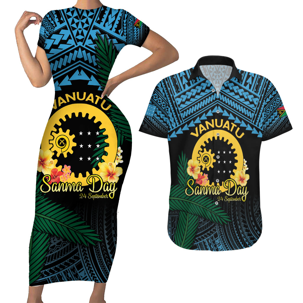 Personalised Sanma Day Couples Matching Short Sleeve Bodycon Dress and Hawaiian Shirt Vanuatu Provinces Polynesian Pattern LT14 Black - Polynesian Pride