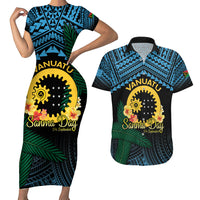 Personalised Sanma Day Couples Matching Short Sleeve Bodycon Dress and Hawaiian Shirt Vanuatu Provinces Polynesian Pattern LT14 Black - Polynesian Pride
