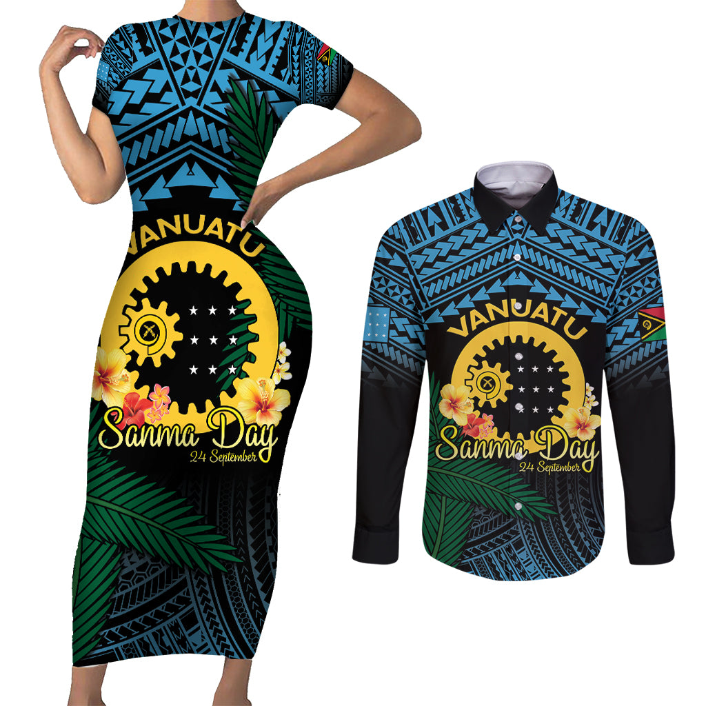 Personalised Sanma Day Couples Matching Short Sleeve Bodycon Dress and Long Sleeve Button Shirt Vanuatu Provinces Polynesian Pattern LT14 Black - Polynesian Pride