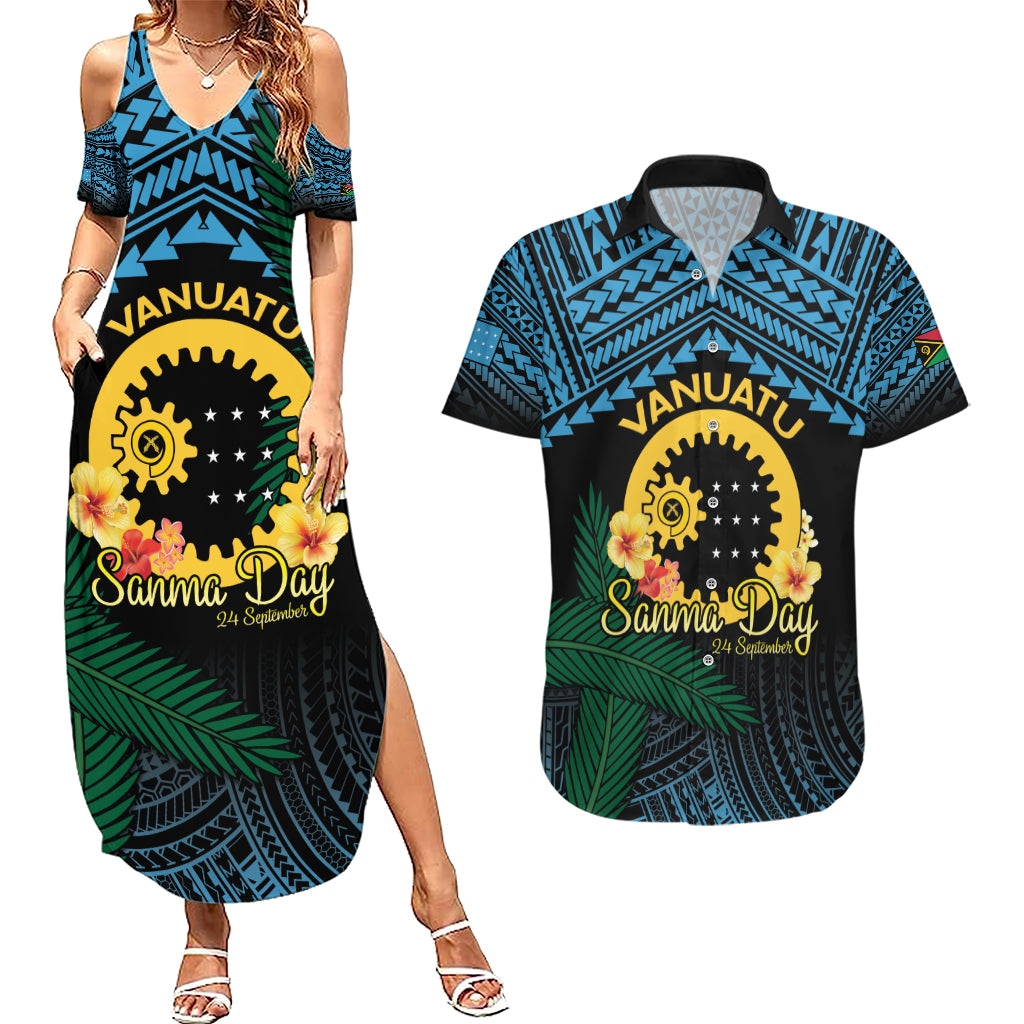 Personalised Sanma Day Couples Matching Summer Maxi Dress and Hawaiian Shirt Vanuatu Provinces Polynesian Pattern LT14 Black - Polynesian Pride