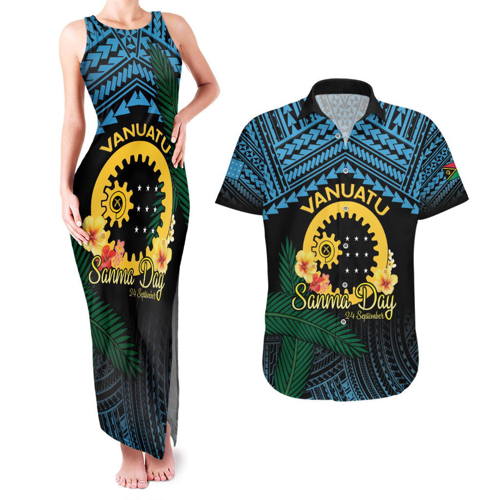 Personalised Sanma Day Couples Matching Tank Maxi Dress and Hawaiian Shirt Vanuatu Provinces Polynesian Pattern LT14 Black - Polynesian Pride