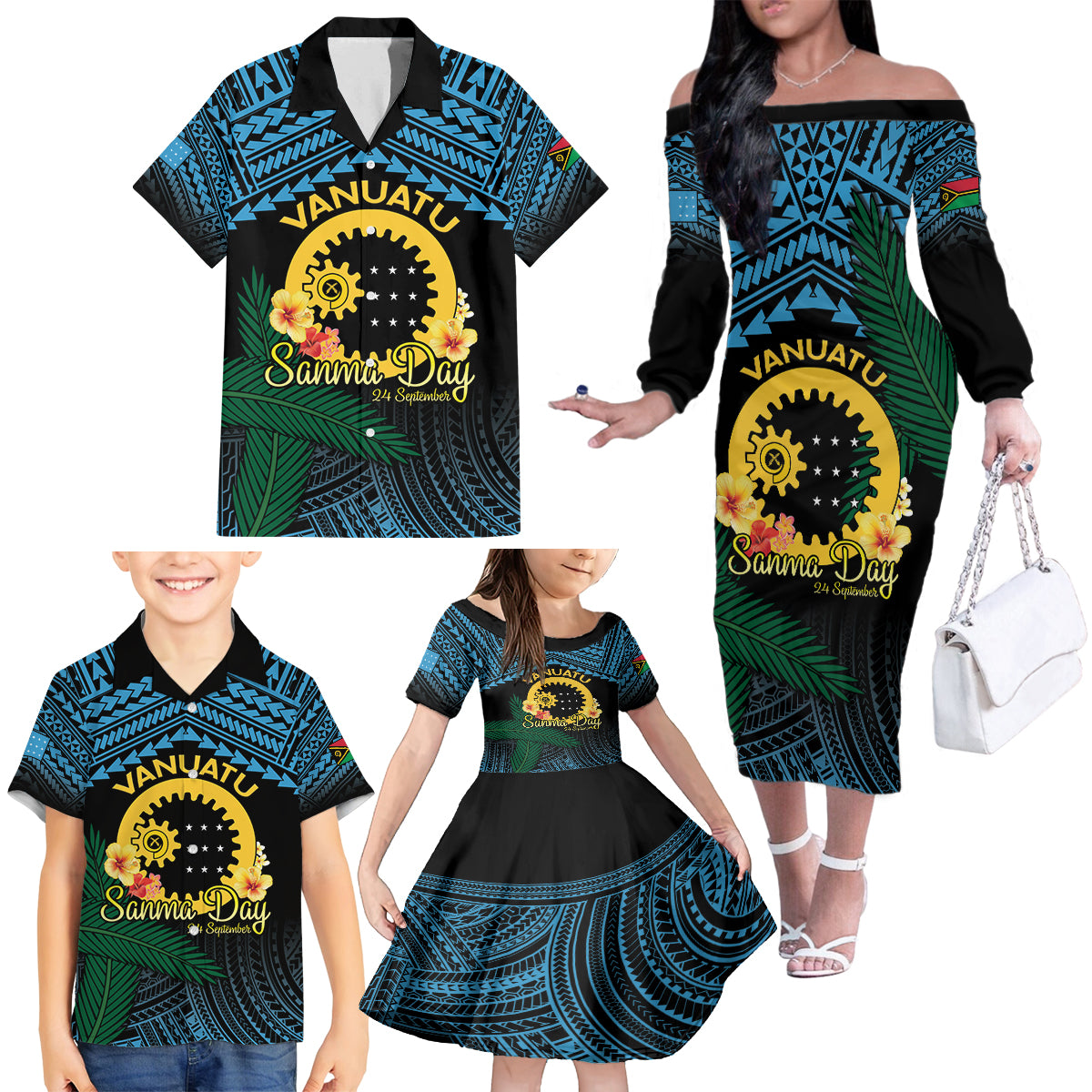 Personalised Sanma Day Family Matching Off The Shoulder Long Sleeve Dress and Hawaiian Shirt Vanuatu Provinces Polynesian Pattern LT14 - Polynesian Pride