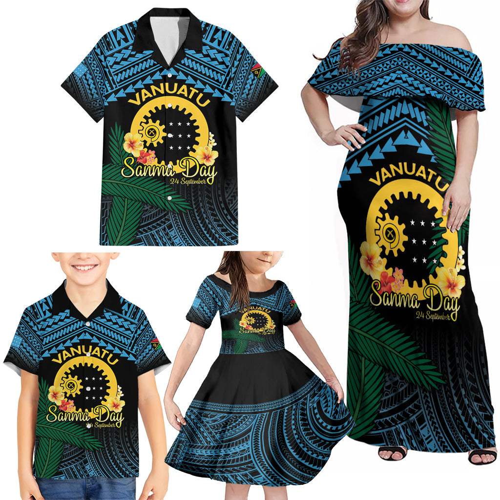 Personalised Sanma Day Family Matching Off Shoulder Maxi Dress and Hawaiian Shirt Vanuatu Provinces Polynesian Pattern