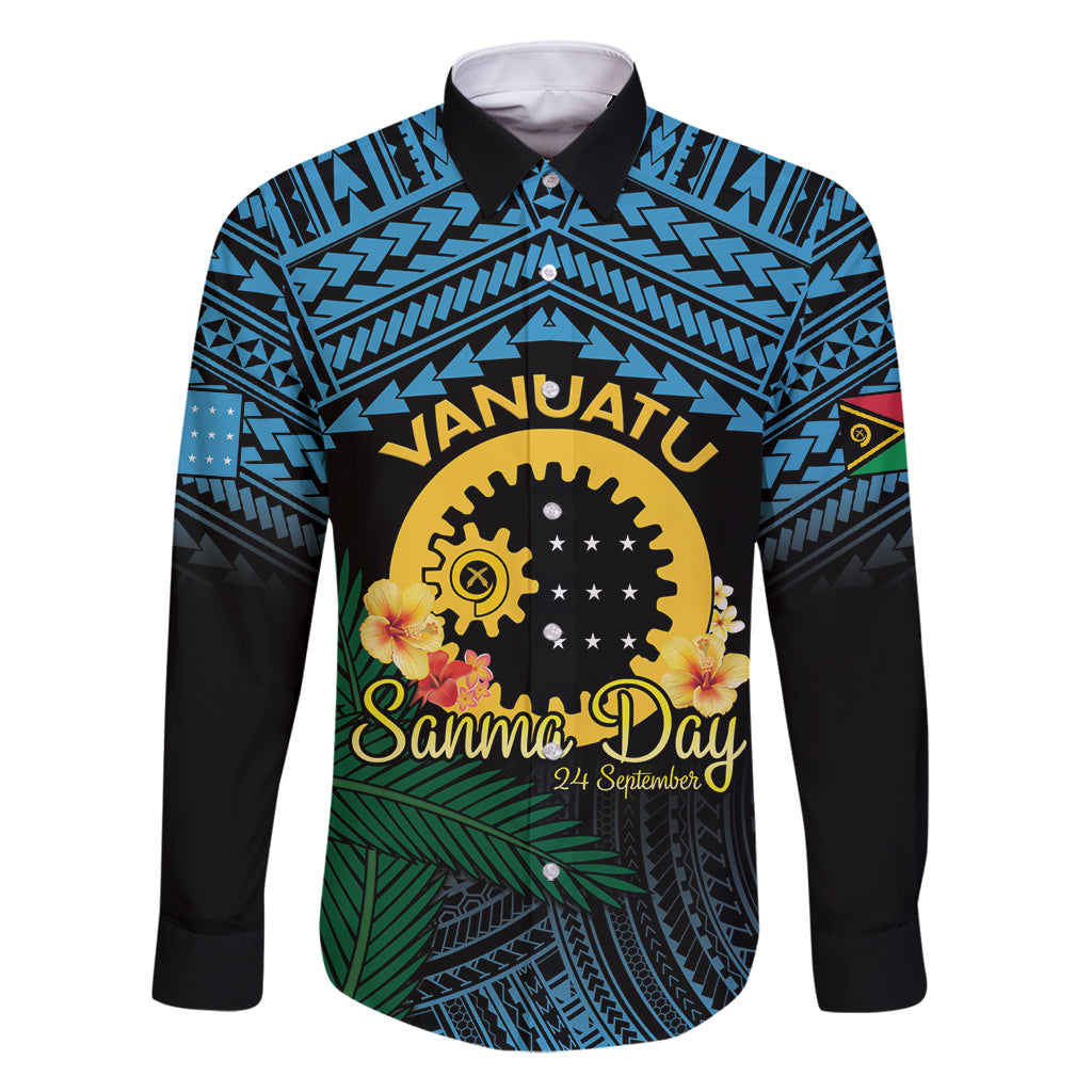 Personalised Sanma Day Family Matching Off Shoulder Maxi Dress and Hawaiian Shirt Vanuatu Provinces Polynesian Pattern LT14 Dad's Shirt - Long Sleeve Black - Polynesian Pride