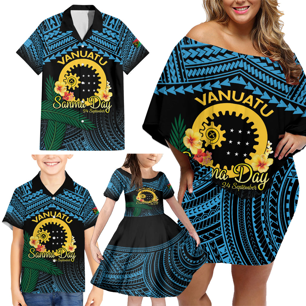 Personalised Sanma Day Family Matching Off Shoulder Short Dress and Hawaiian Shirt Vanuatu Provinces Polynesian Pattern